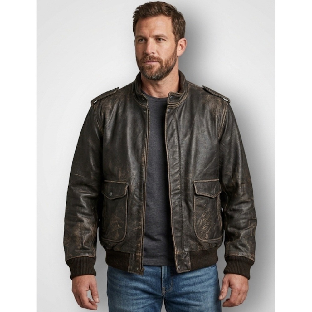 OLD NAVY Vintage Men Distressed Brown Leather Bomber Flight Jacket Coat Size XXL